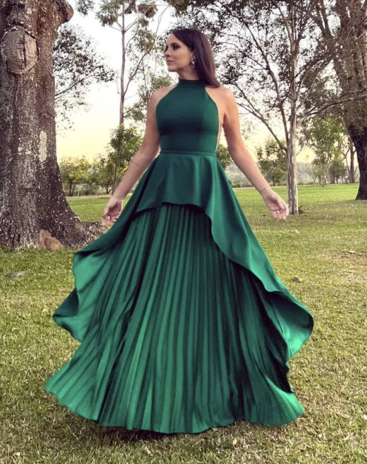 Fashion A-line Half High Neck Pleated Satin Green Long Party Dress