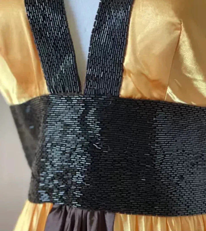 Fashion A-line Halter Beaded Open Back Satin Yellow Long Party Dress