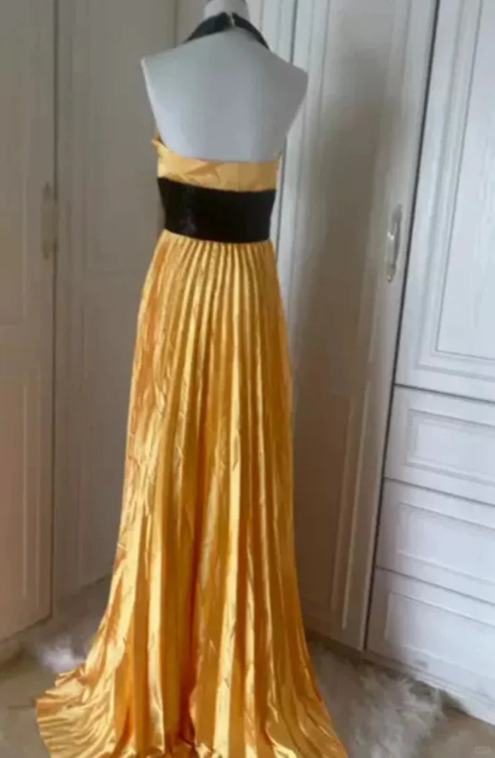 Fashion A-line Halter Beaded Open Back Satin Yellow Long Party Dress