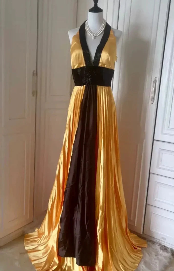 Fashion A-line Halter Beaded Open Back Satin Yellow Long Party Dress