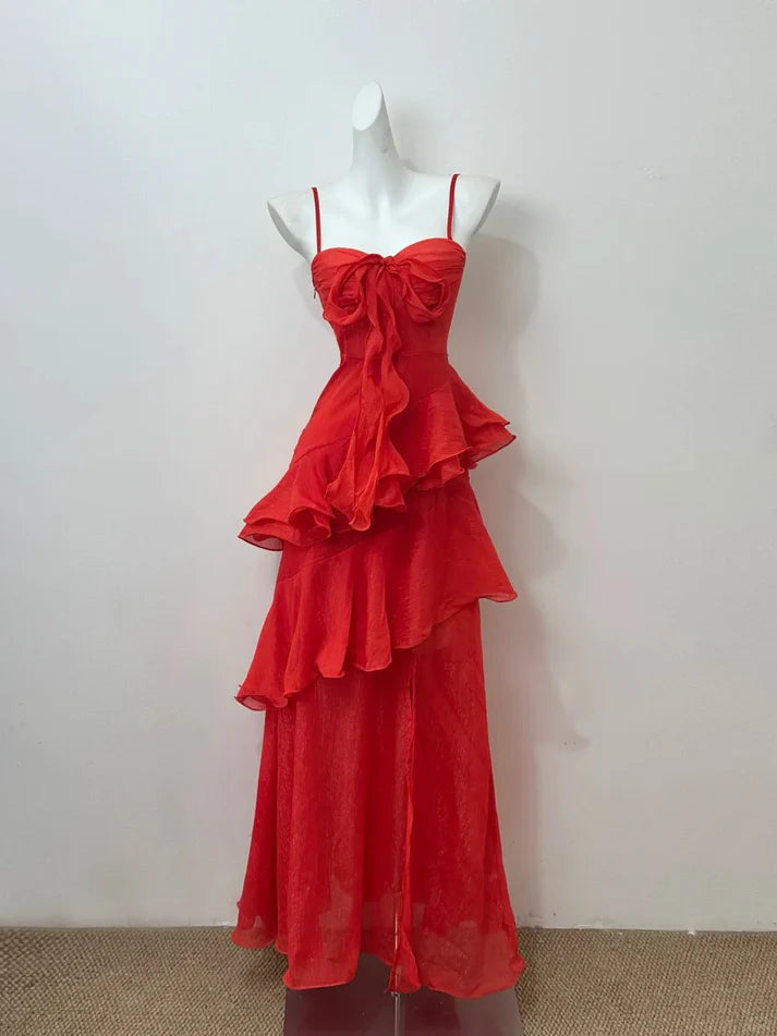 Fashion A-line Spaghetti Straps Ruffle Chiffon Red Long Party Dress