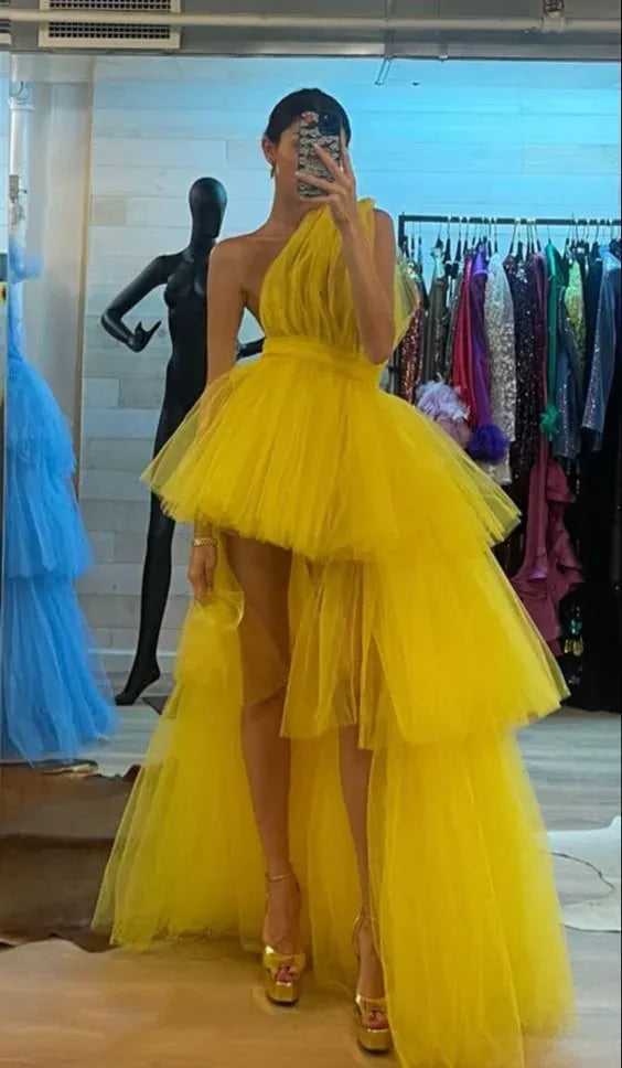 Fashion Ball Gown One Shoulder Sleeveless Tulle Layered Floor-Length Prom Dress