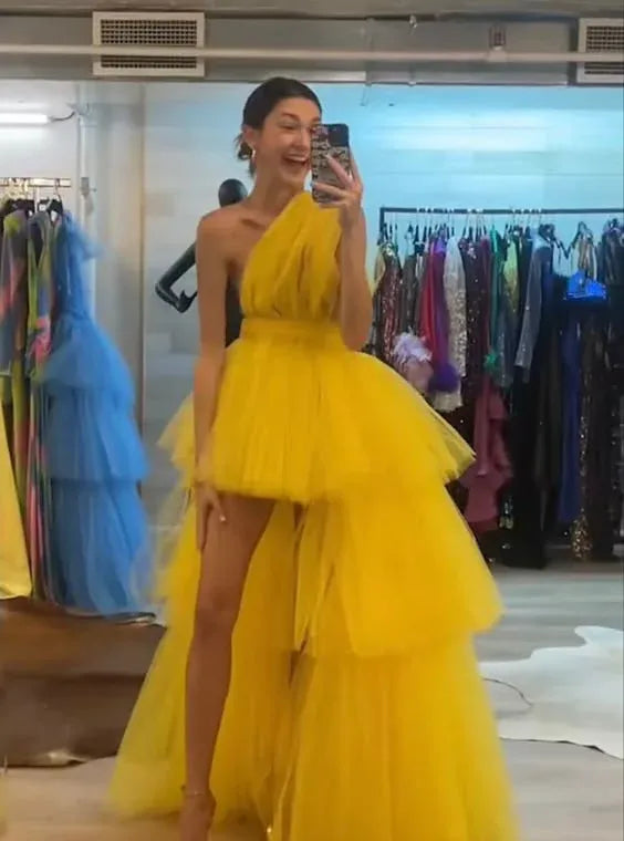 Fashion Ball Gown One Shoulder Sleeveless Tulle Layered Floor-Length Prom Dress