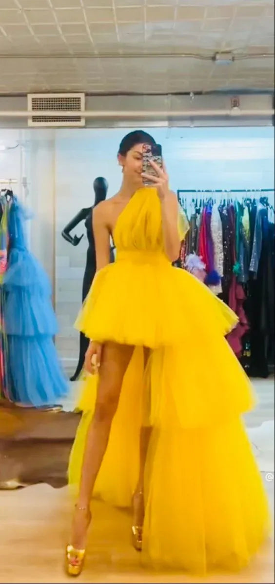 Fashion Ball Gown One Shoulder Sleeveless Tulle Layered Floor-Length Prom Dress