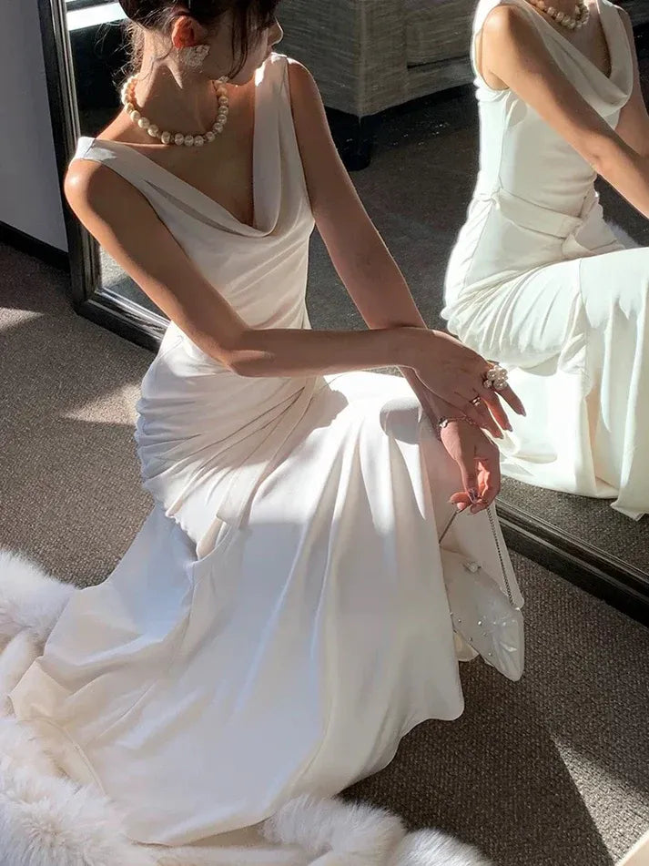 Fashion Mermaid Cowl Neck Sleeveless Satin White Prom Dress With Belted