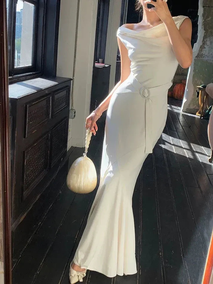 Fashion Mermaid Cowl Neck Sleeveless Satin White Prom Dress With Belted