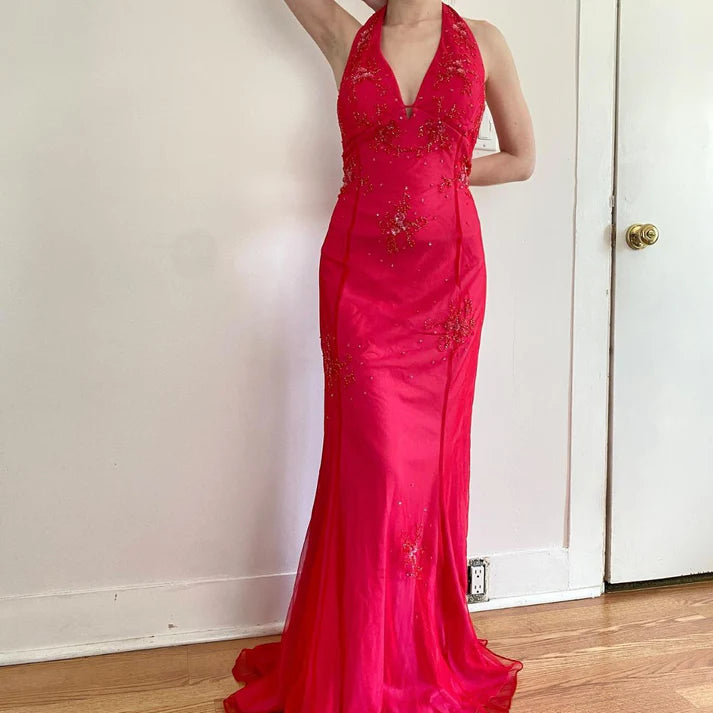 Fashion Mermaid Halter Beaded Satin Tulle Red Floor Length Party Dress