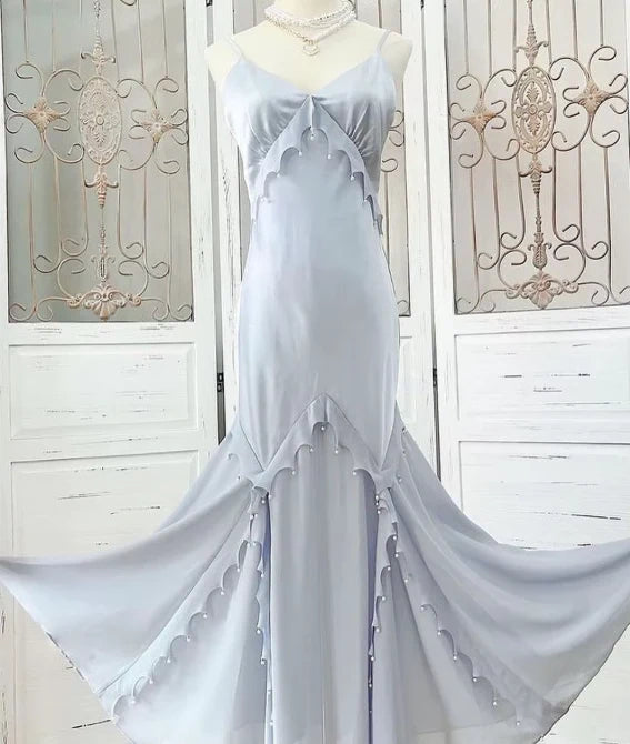 Fashion Mermaid Spaghetti Strap Beaded Satin Light Blue Long Party Dress