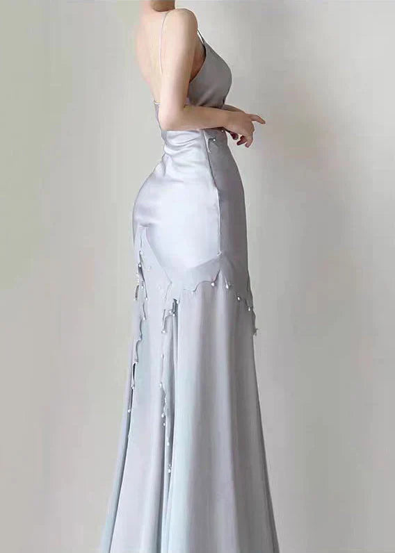 Fashion Mermaid Spaghetti Strap Beaded Satin Light Blue Long Party Dress