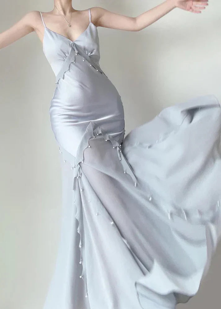 Fashion Mermaid Spaghetti Strap Beaded Satin Light Blue Long Party Dress