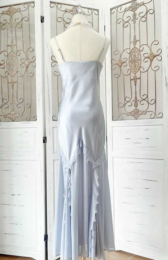 Fashion Mermaid Spaghetti Strap Beaded Satin Light Blue Long Party Dress