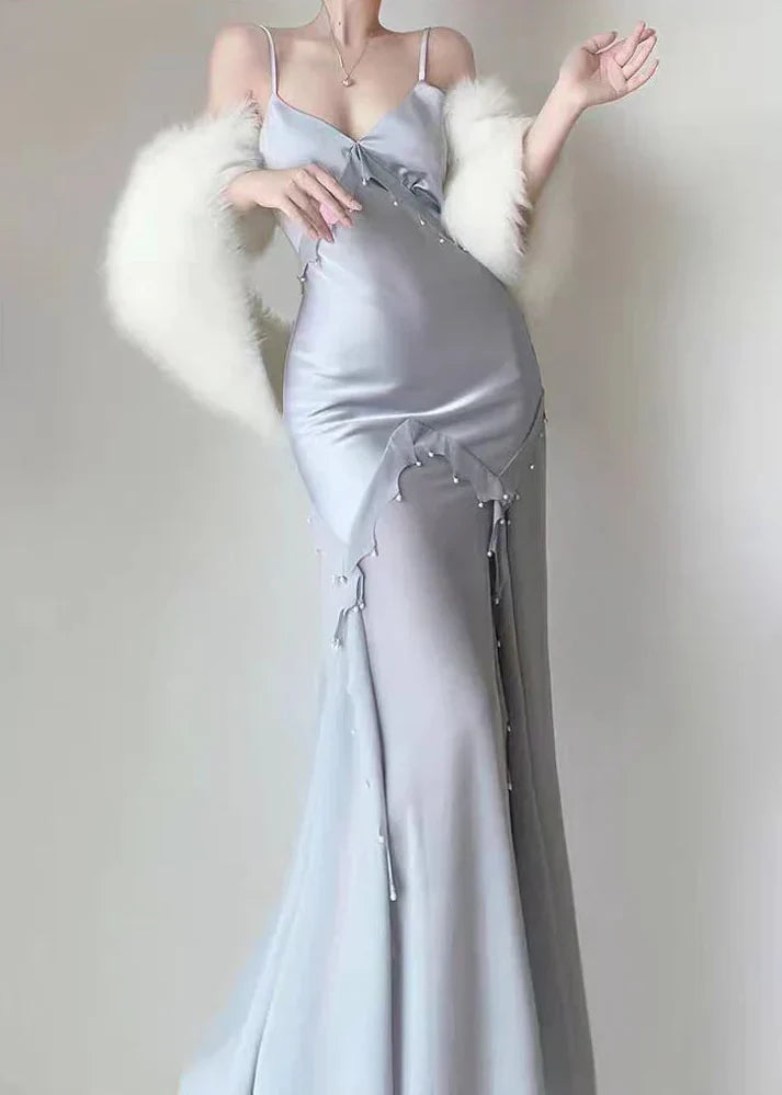 Fashion Mermaid Spaghetti Strap Beaded Satin Light Blue Long Party Dress