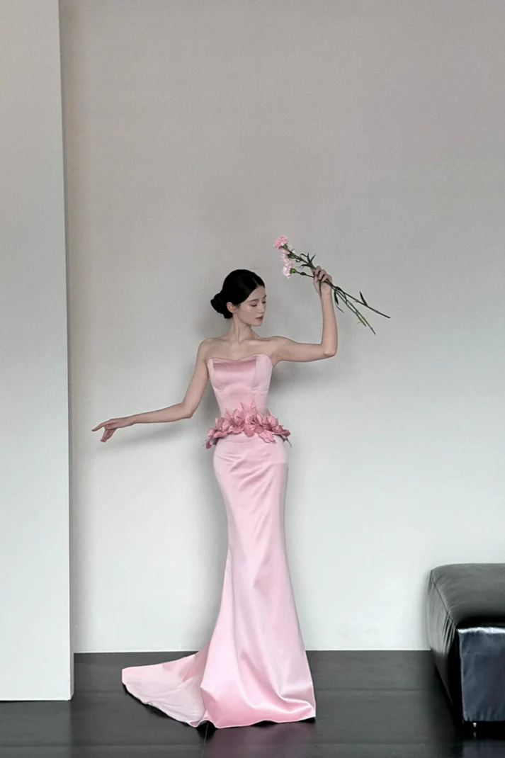 Fashion Mermaid Strapless Floral Satin Pink Floor Length Party Dress