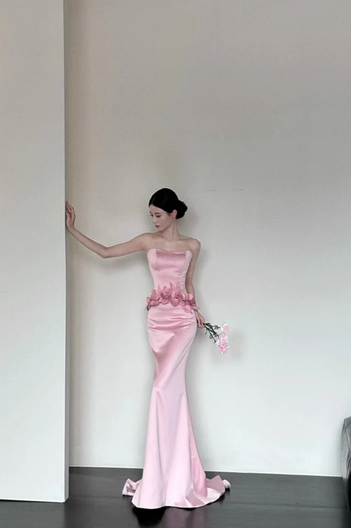 Fashion Mermaid Strapless Floral Satin Pink Floor Length Party Dress