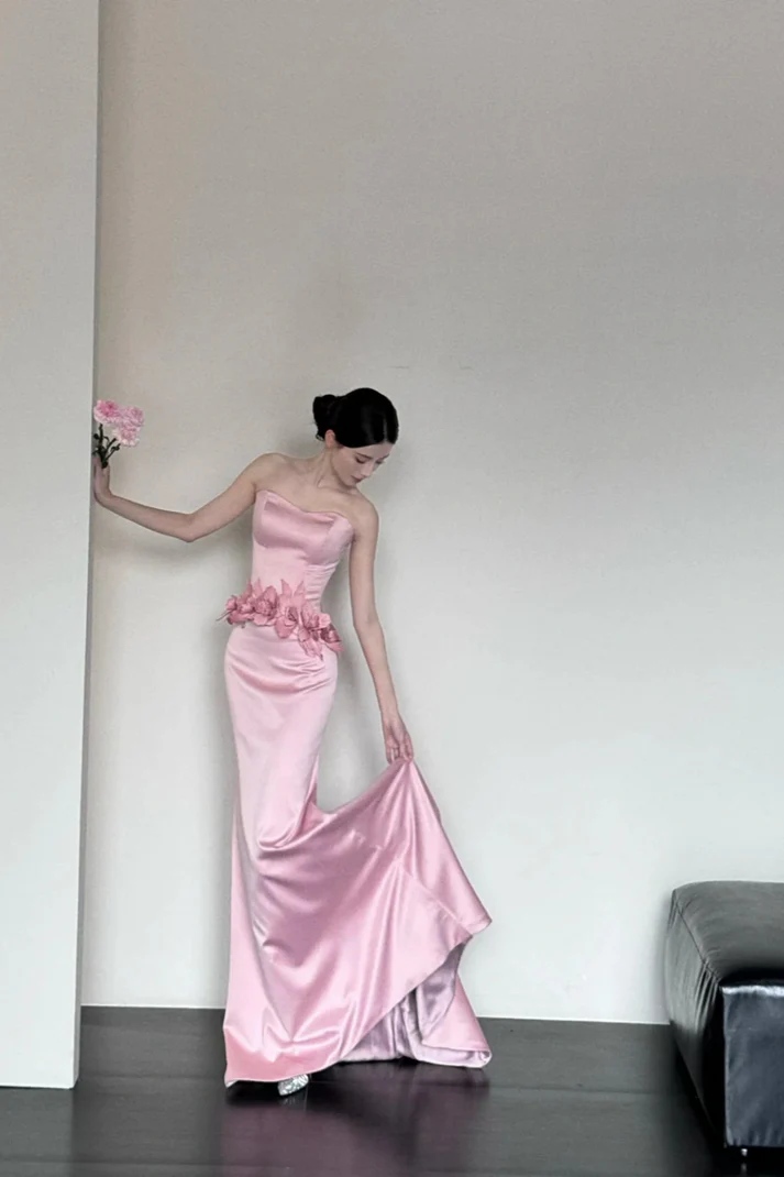 Fashion Mermaid Strapless Floral Satin Pink Floor Length Party Dress