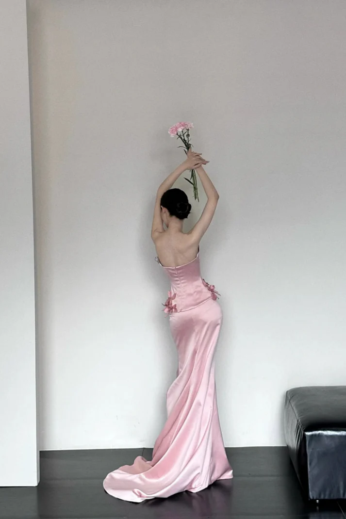 Fashion Mermaid Strapless Floral Satin Pink Floor Length Party Dress