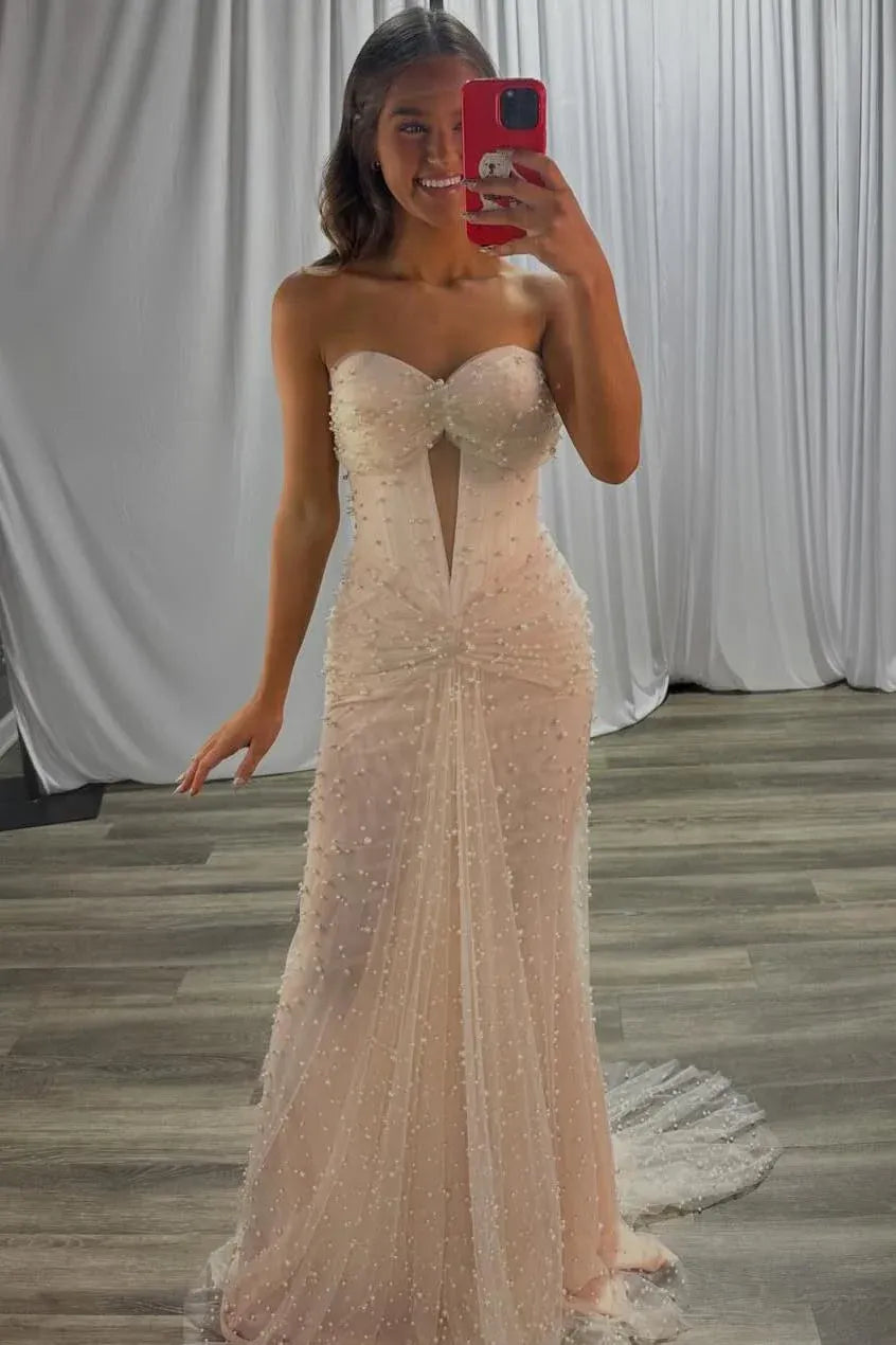 Fashion Mermaid Sweetheart Sleeveless Tulle Keyhole Floor-Length Prom Dress