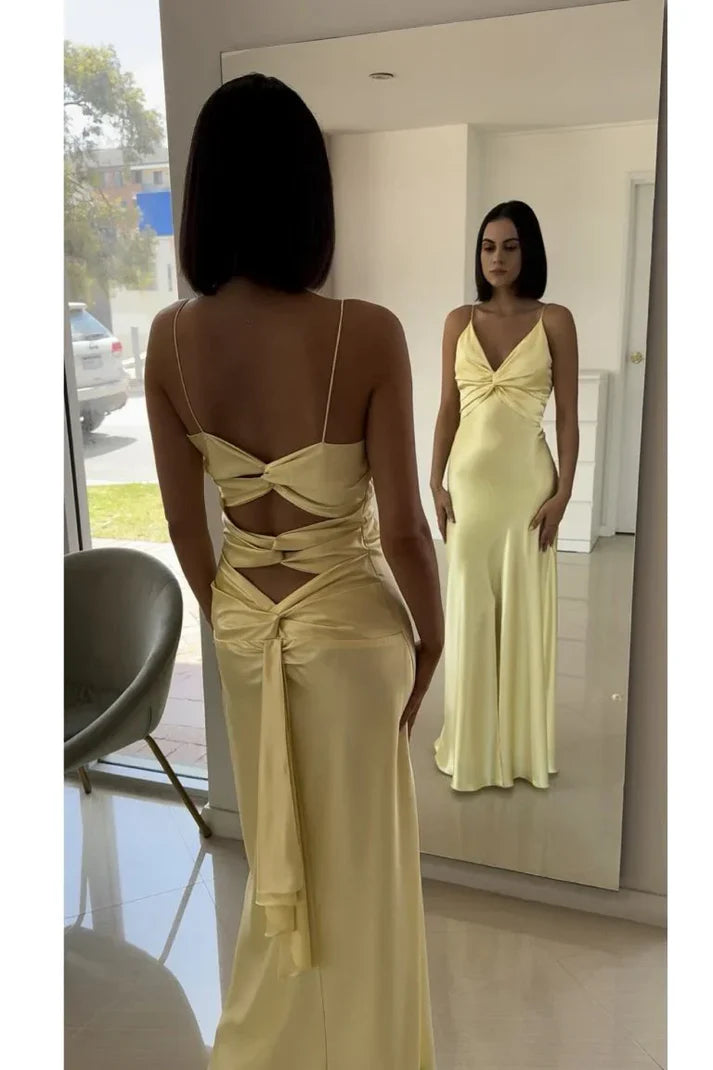 Fashion Mermaid V-Neck Knot Evening Dress Satin Yellow Bridesmaid Dress