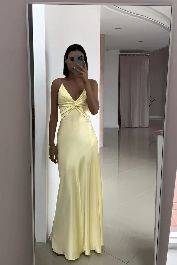 Fashion Mermaid V-Neck Knot Evening Dress Satin Yellow Bridesmaid Dress