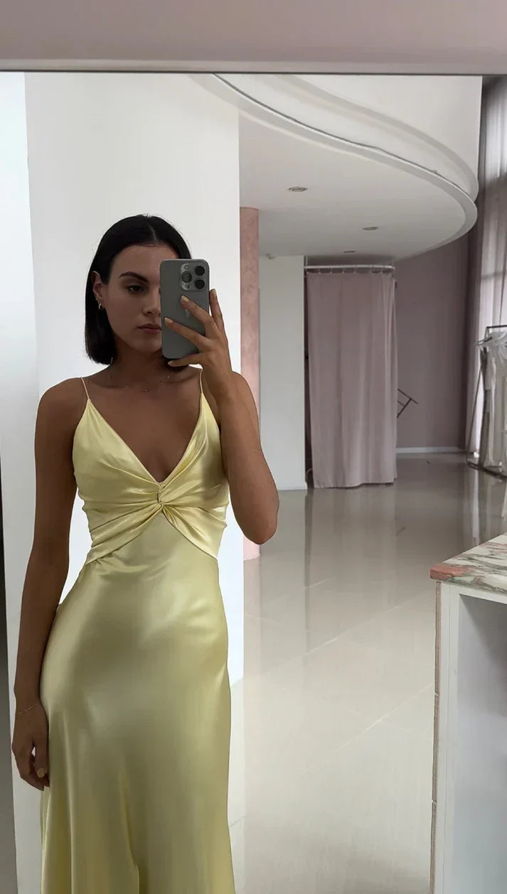 Fashion Mermaid V-Neck Knot Evening Dress Satin Yellow Bridesmaid Dress