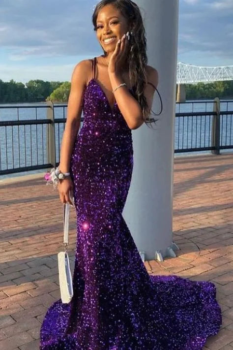 Fashion Mermaid V Neck Backless Sequin Purple Party Dress With Train