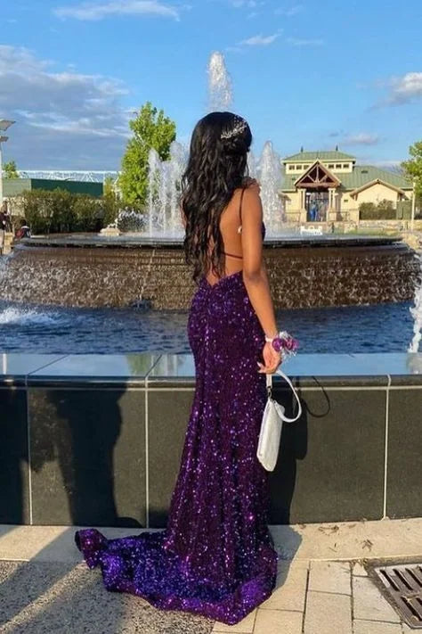 Fashion Mermaid V Neck Backless Sequin Purple Party Dress With Train