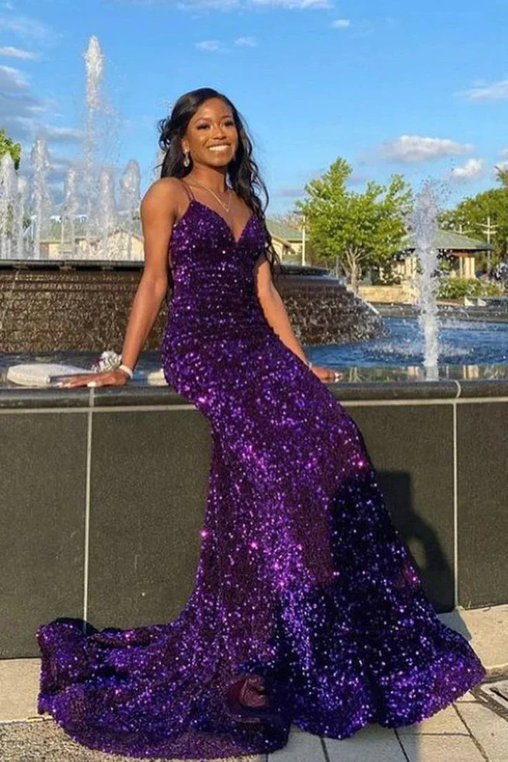 Fashion Mermaid V Neck Backless Sequin Purple Party Dress With Train