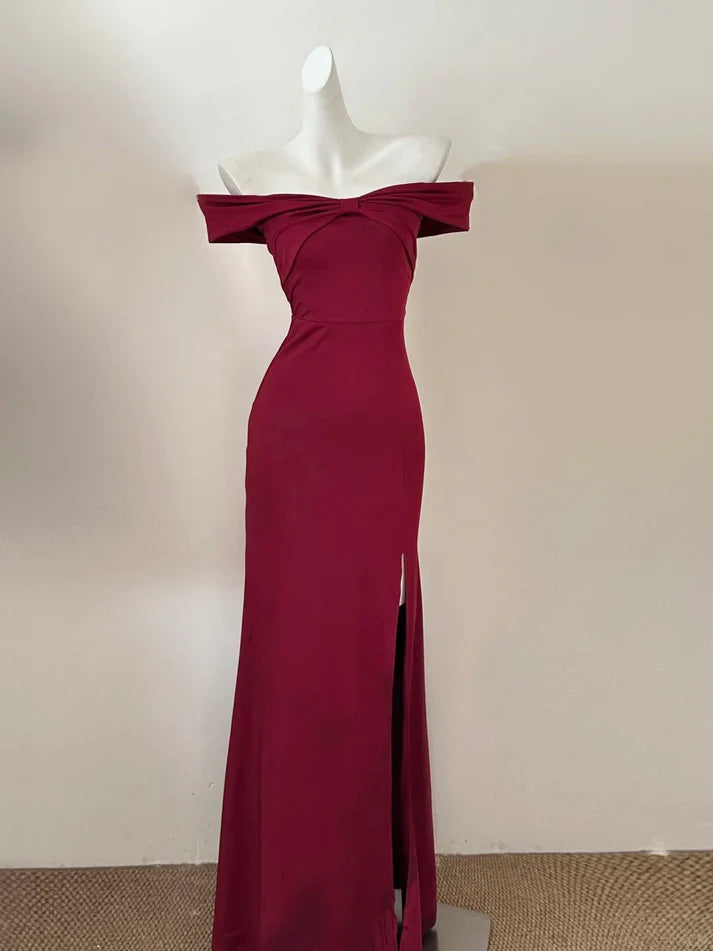 Fashion Sheath Off-the-Shoulder Slit Satin Burgundy Long Party Dress