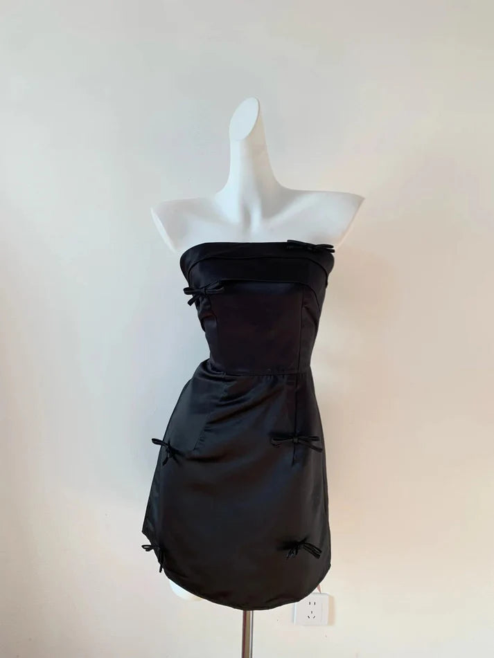 Fashion Sheath Strapless Pleated Bow Satin Black Short Party Dress