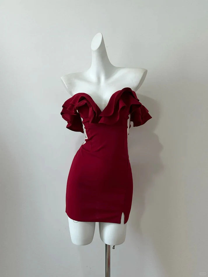 Fashion Sheath Sweetheart Ruffle Slit Black Short Party Dress