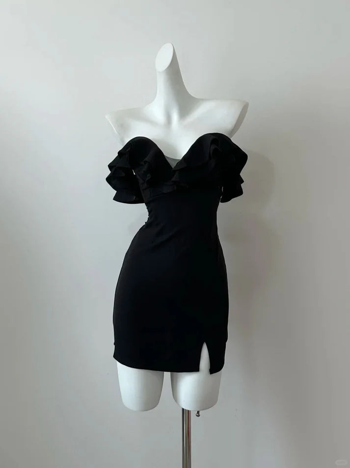 Fashion Sheath Sweetheart Ruffle Slit Black Short Party Dress
