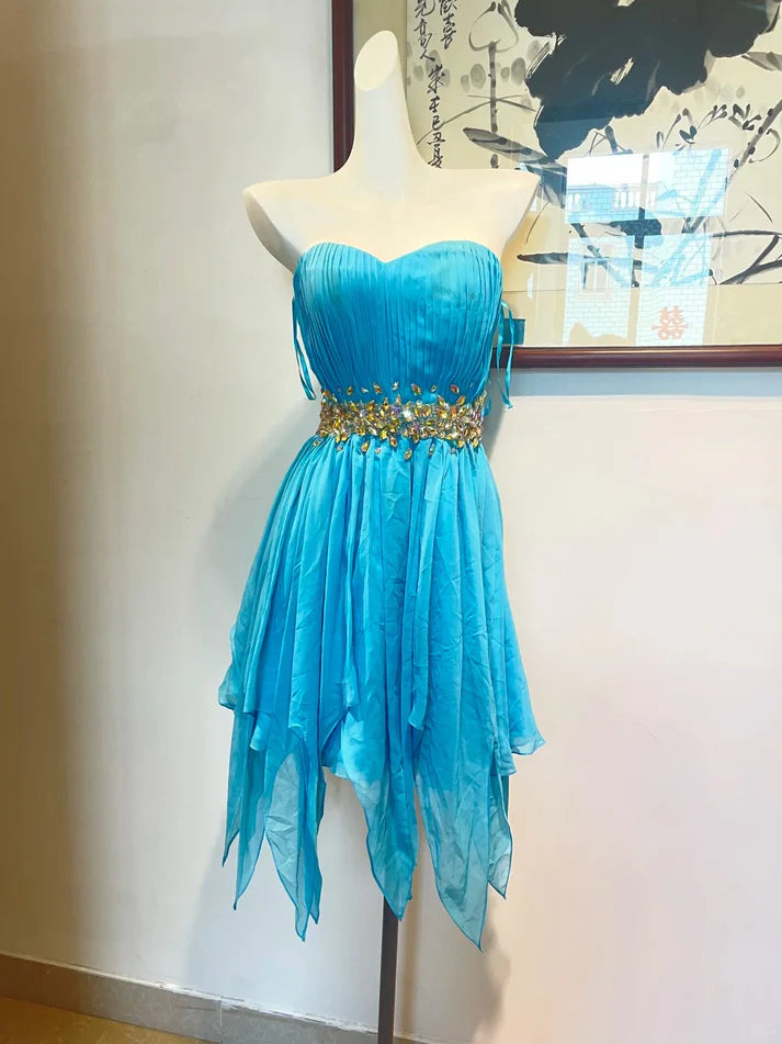 Fashion Strapless Rhinestone Chiffon Blue Short Party Dress Homecoming Dress