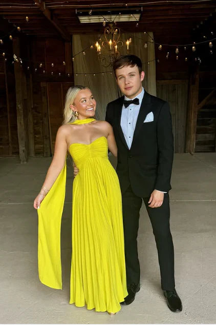 Fashion Sweetheart Chiffon Yellow Floor Length Party Dress With Scarf