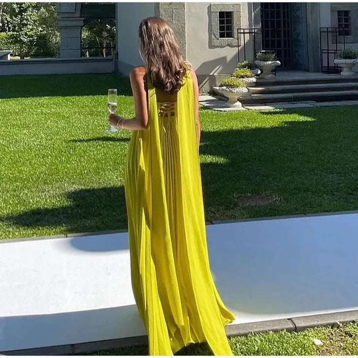 Fashion Sweetheart Chiffon Yellow Floor Length Party Dress With Scarf