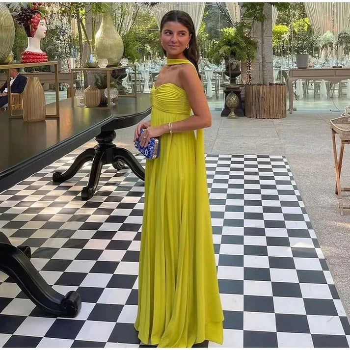 Fashion Sweetheart Chiffon Yellow Floor Length Party Dress With Scarf