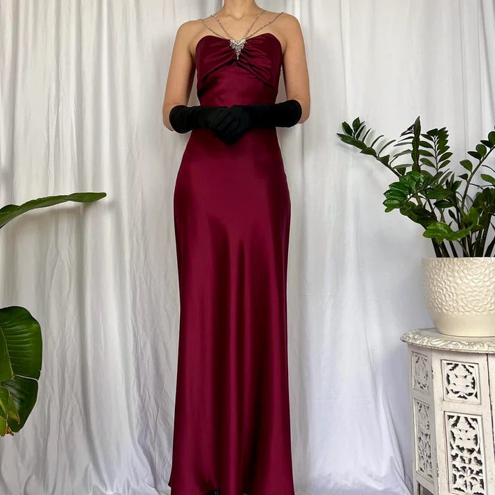 Fashion Sweetheart Neck Rhinestone Satin Burgundy Long Party Dress
