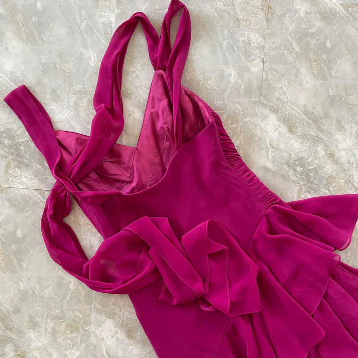 Fashion V Neck Pleated Tiered Ruffle Chiffon Magenta Midi Party Dress