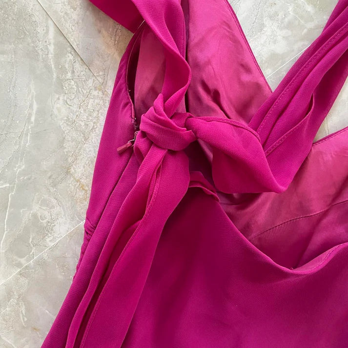 Fashion V Neck Pleated Tiered Ruffle Chiffon Magenta Midi Party Dress