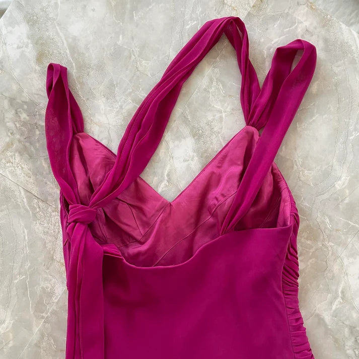 Fashion V Neck Pleated Tiered Ruffle Chiffon Magenta Midi Party Dress