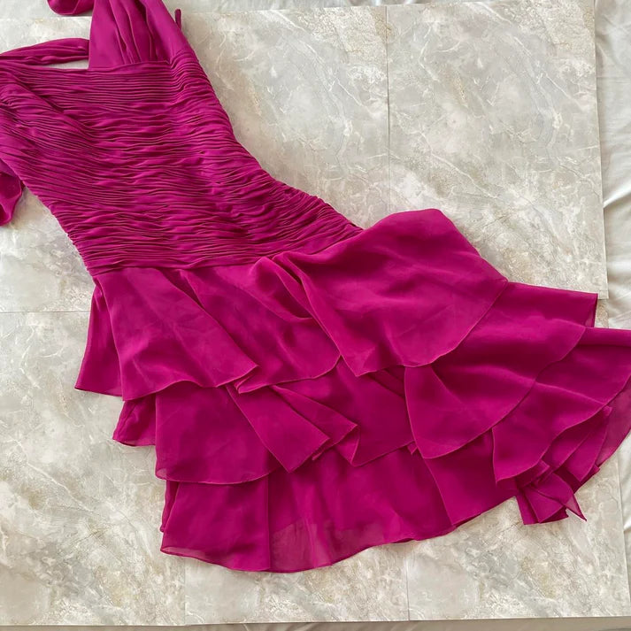 Fashion V Neck Pleated Tiered Ruffle Chiffon Magenta Midi Party Dress