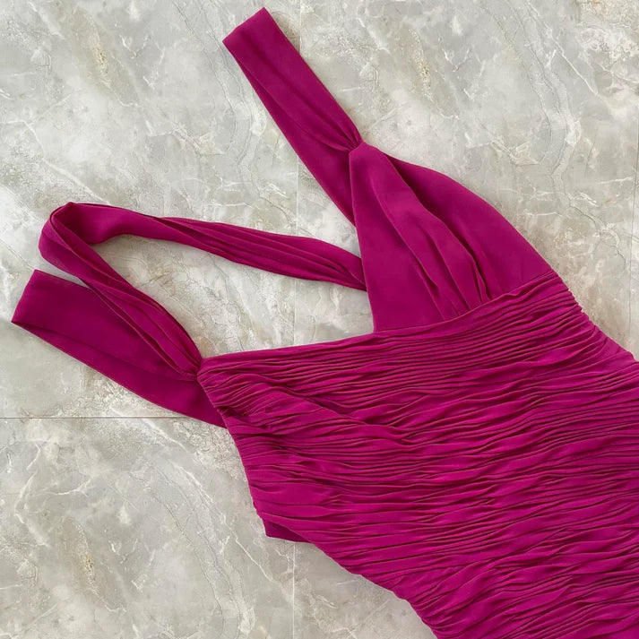 Fashion V Neck Pleated Tiered Ruffle Chiffon Magenta Midi Party Dress