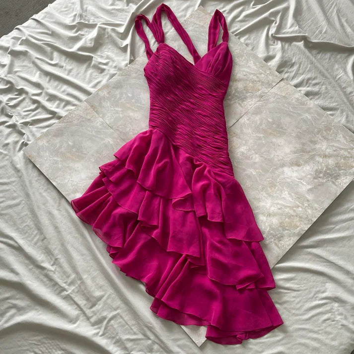 Fashion V Neck Pleated Tiered Ruffle Chiffon Magenta Midi Party Dress