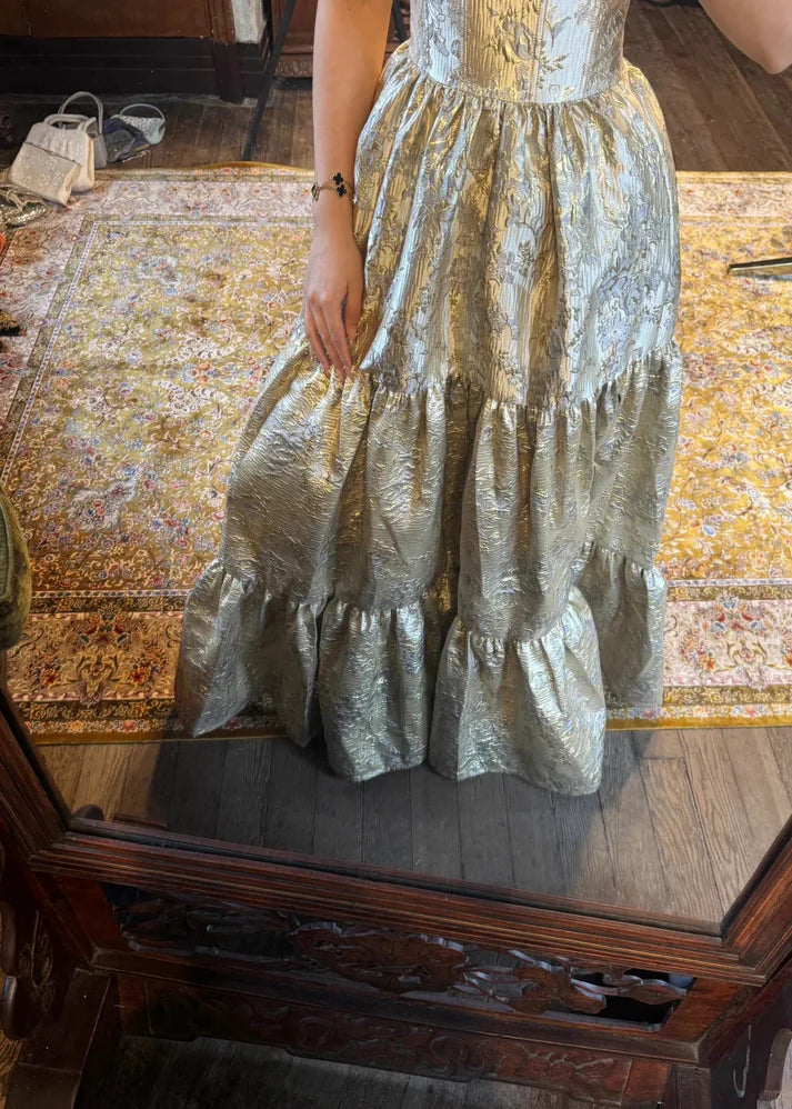 Fashion V Neck Spaghetti Straps Jacquard Satin Gold Long Party Dress