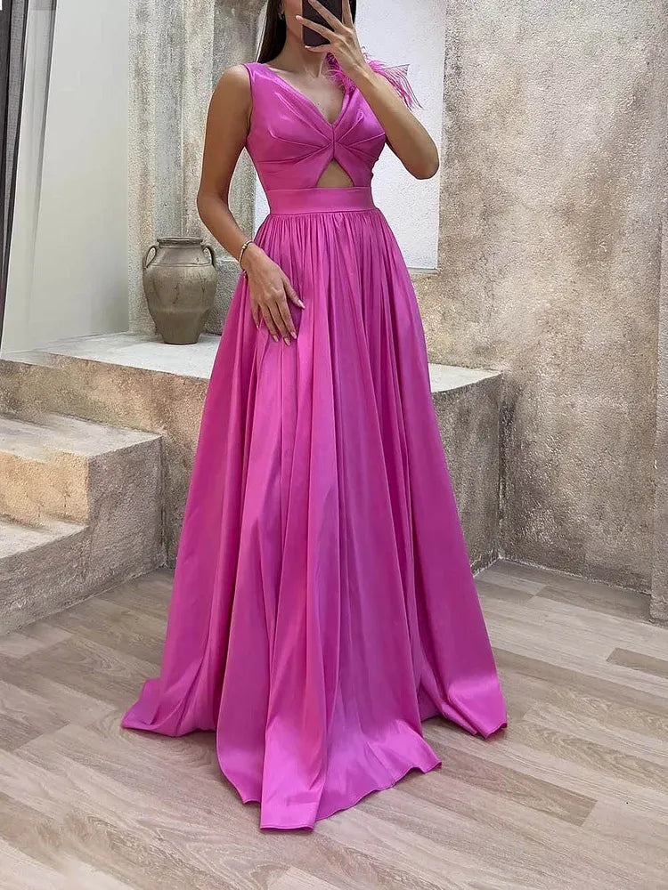 Fashionable A-Line V-Neck Sleeveless Satin Feathered Floor-Length Evening Dress