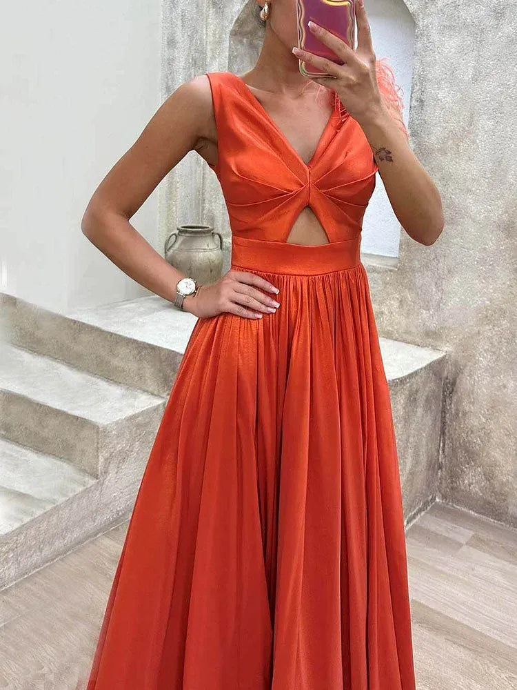 Fashionable A-Line V-Neck Sleeveless Satin Feathered Floor-Length Evening Dress