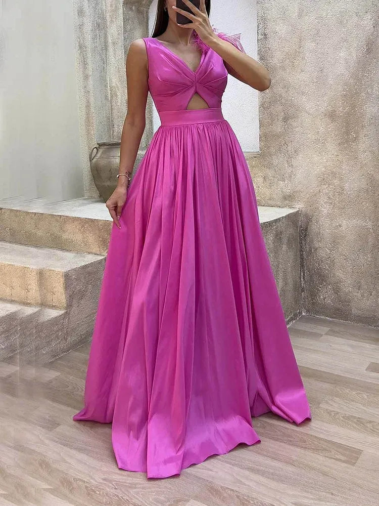 Fashionable A-Line V-Neck Sleeveless Satin Feathered Floor-Length Evening Dress