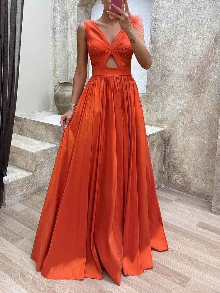 Fashionable A-Line V-Neck Sleeveless Satin Feathered Floor-Length Evening Dress