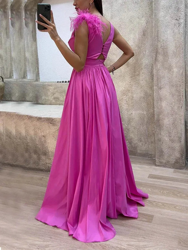 Fashionable A-Line V-Neck Sleeveless Satin Feathered Floor-Length Evening Dress
