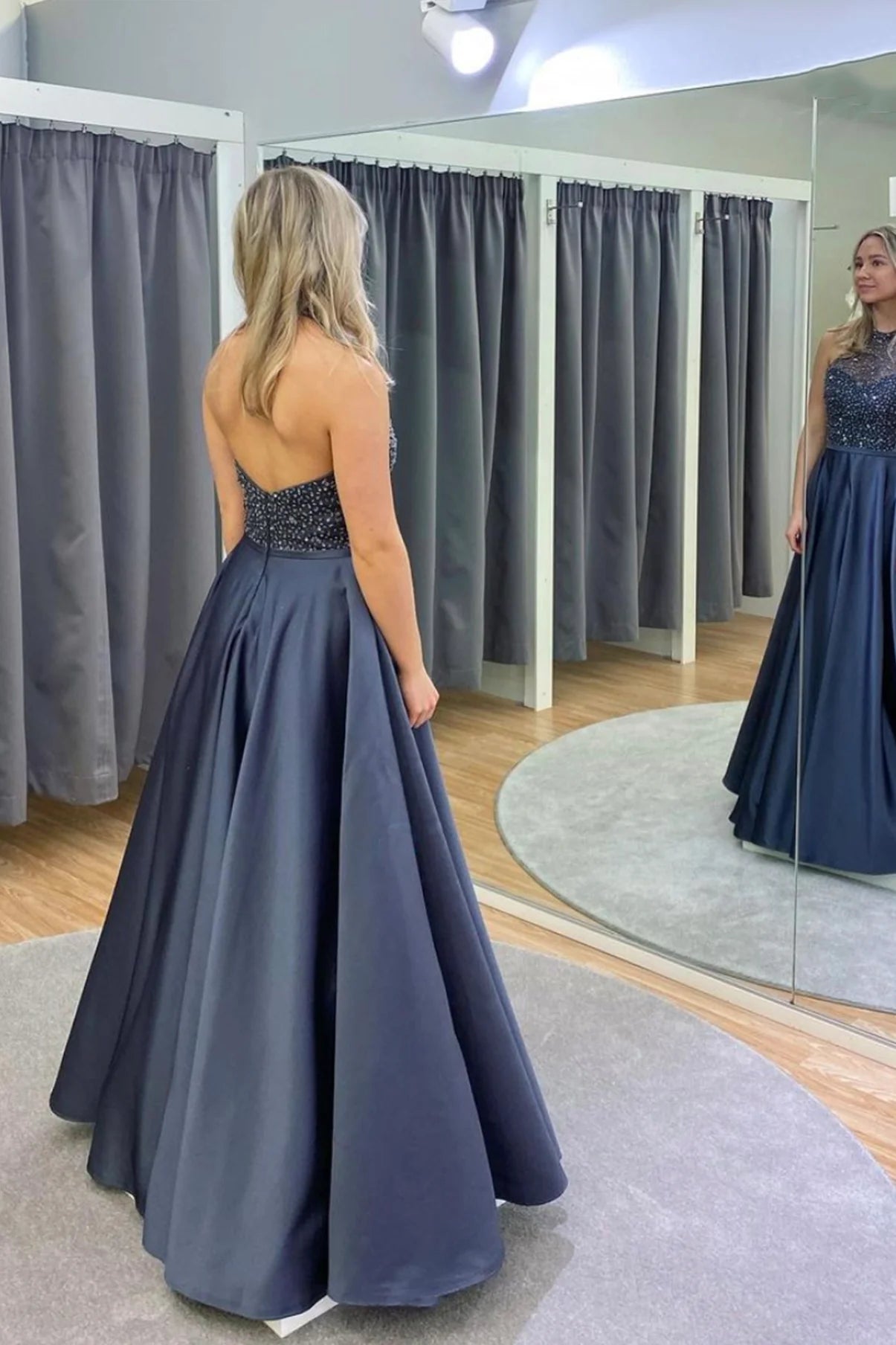 Fashionable A-line Halter Beaded Satin Navy Blue Long Prom Dress