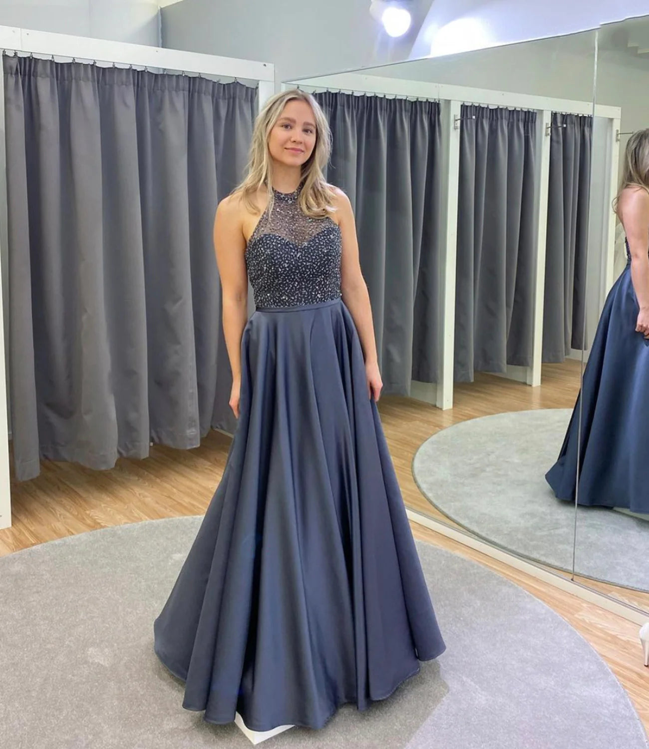 Fashionable A-line Halter Beaded Satin Navy Blue Long Prom Dress